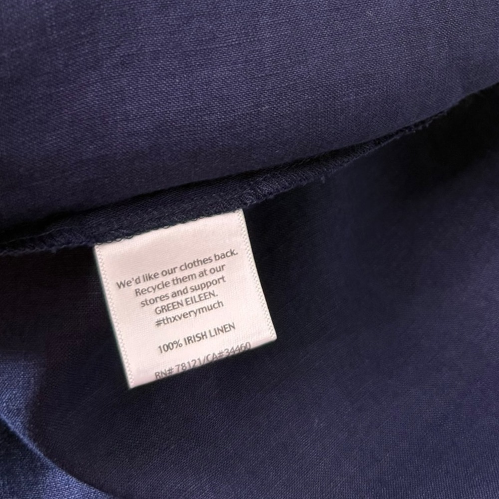 Eileen Fisher Irish Linen Dress Size M Navy Stitched Handkerchief Hem V Neck - Picture 4 of 13